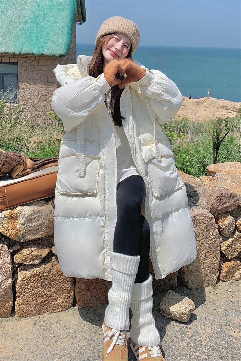 白色连帽羽绒服女中长款2024新款百搭白鸭绒气质保暖面包服外套潮,女装羽绒服,秀美人生