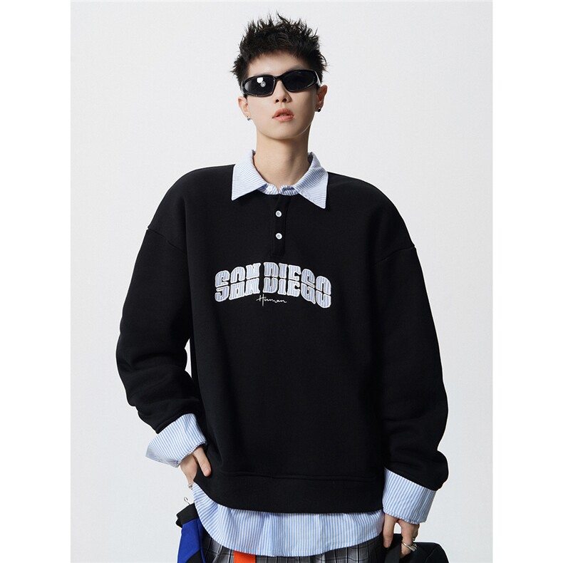 HW2545特P55控98面布54棉46聚酯假两件POLO情侣卫衣宽松外套男图片