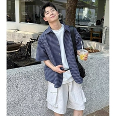 泡泡棉格子短袖衬衫男新款夏季百搭宽松休闲衬衣513ADC1960P38，男装T恤，星座513A