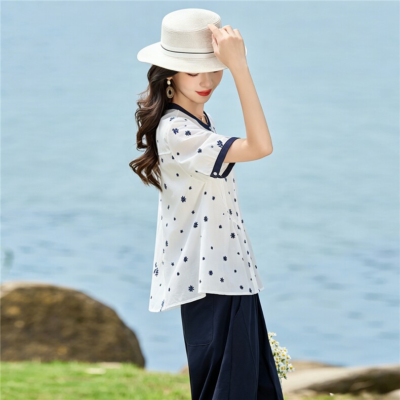 2026年夏季刺绣撞色衬衫裤子两件套套装,女装套装/套裙,依路服饰