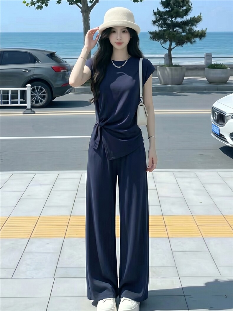 设计感时尚气质套装女夏季款圆领褶皱开叉短袖上衣阔腿长裤两件套,女装套装/套裙,江南