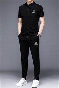 时尚刺绣运动套装男夏季薄款短袖上衣休闲长裤2件套POLO上衣图片