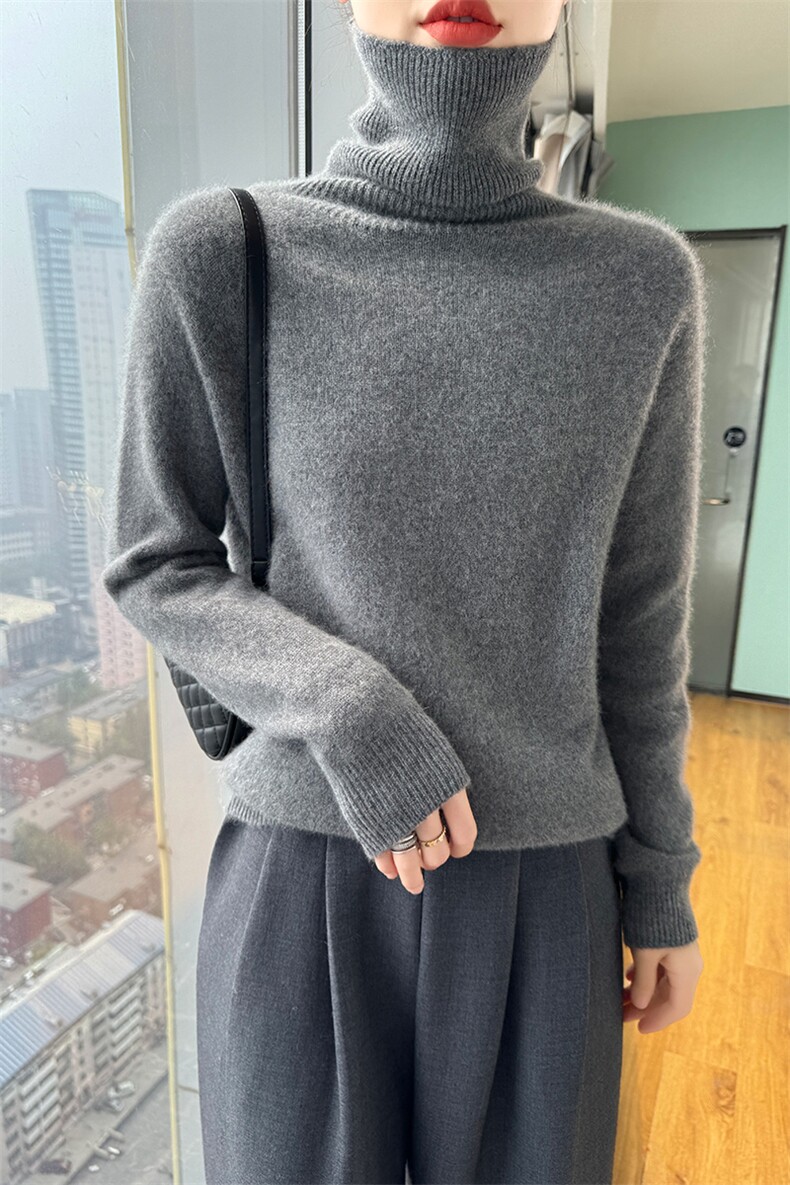 秋冬季35%羊绒65%羊毛七针简约优雅时尚高领羊绒衫,女装羊绒衫,美轩羊绒
