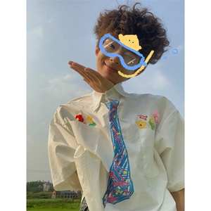 蜡笔涂鸦领带短袖衬衫男学院风花卉刺绣衬衣设计感小众情侣装外套