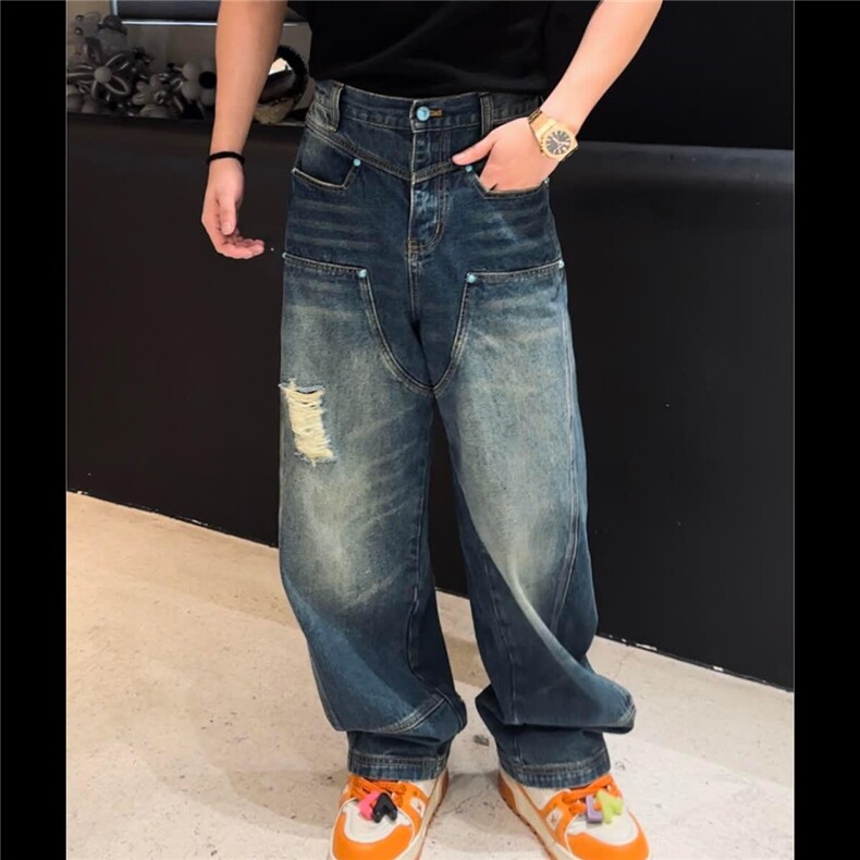 24FW秀款绿松石铆钉B01水洗破坏工装伐木长裤牛仔裤 NK83图片