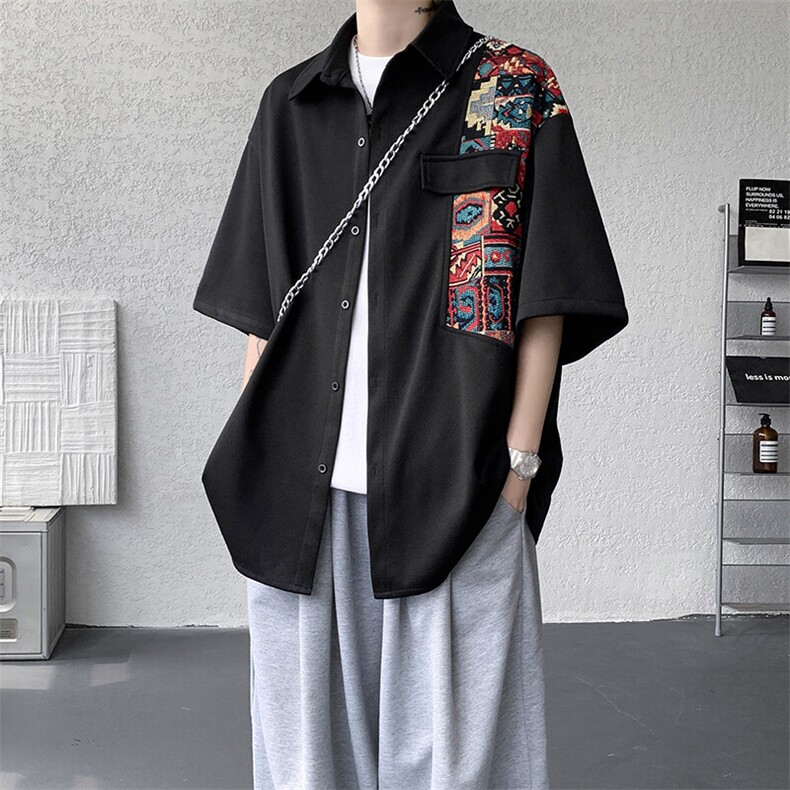 8XL-M民族风拼接短袖衬衫男夏季痞帅半袖衬衣薄款外套DC28009P45,男装衬衫,电商B312