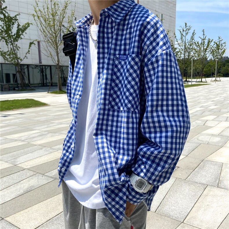 2025春秋设计感小众条纹拼接格子长袖衬衫潮牌防晒衣服宽松外套图片