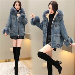 2020时尚休闲牛仔大毛领加绒冬季新款棉服外套女图片