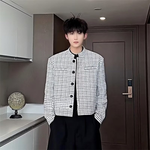 网图现货秋季短款垫肩休闲格子外套男JK183/P65