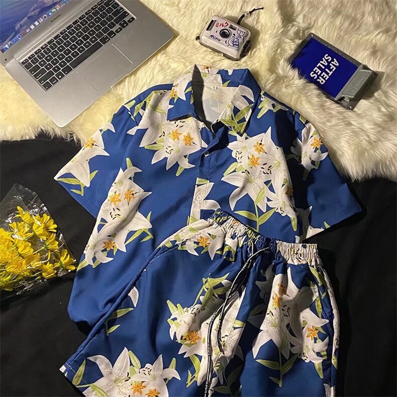 复古印花翻领丝简约文艺短袖衬衣清凉宽松短裤大码套装TZK06P50,男装休闲套装,星座1116-2