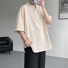 8XL-M中式立领棉麻T恤特大码亨利领亚麻短袖polo衫半袖DX1210/P45，男装T恤，电商B238