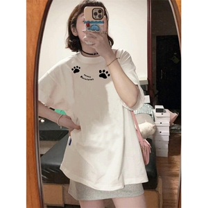 美式涂鸦脚印印花短袖t恤男女2025夏季小众宽松百搭上衣 T400图片