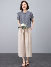 套装女2025年夏季新款时尚宽松中年妈妈大码棉麻九分裤两件套，女装套装/套裙，江忆布依