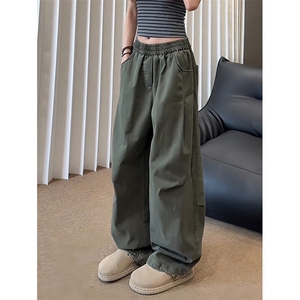 军绿色剪裁弯刀工装裤男款秋季美式复古纯棉裤子阔腿直筒休闲长裤图片