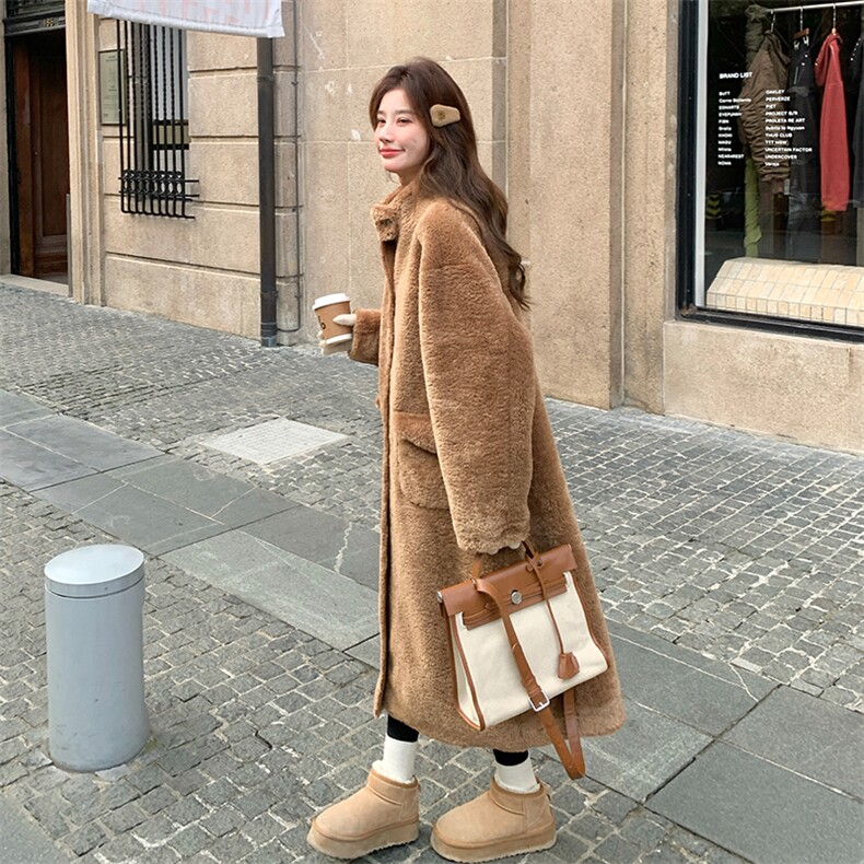 高级感咖色复古慵懒风皮毛一体羊羔毛大衣女冬长款立领毛绒厚外套,女装皮草,浙宝285（原212）