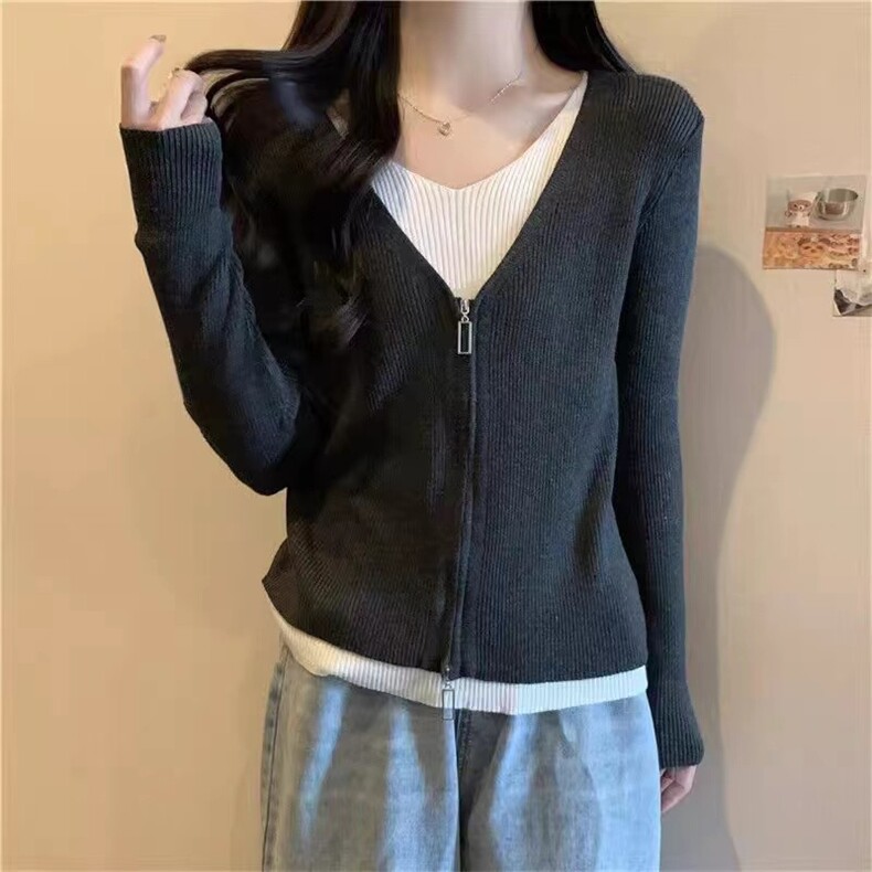胖MM假两件针织开衫女2024年秋季装新款大码女装设计感内搭打底衫,针织衫/毛衣,佳绒包芯纱店