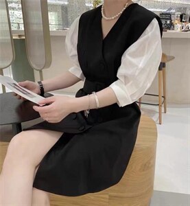 夏季新款欧洲站洋气拼接泡泡袖收腰连衣裙图片