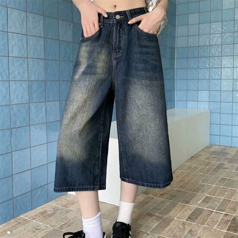 2025夏季新款阔腿牛仔裤女复古水洗做旧直筒牛仔中短裤热裤潮,女装牛仔裤,星座506A