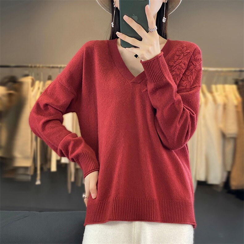 秋冬V领羊毛衫女针织打底衫宽松长袖内搭时尚毛衣,女装羊毛衫,江南羊绒