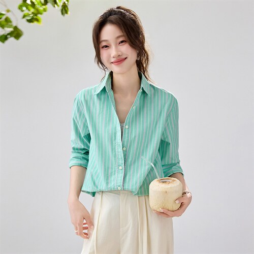 2026春夏新款黄蓝条纹衬衫女宽松显瘦元气少女感衬衣韩系清爽竖条，女装衬衫，艾米