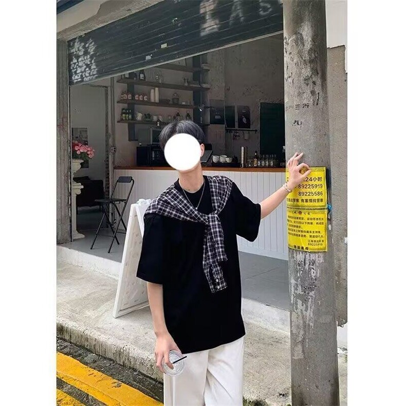 美式夏季薄款假两件衬衫T恤男生拼接自带披肩休闲宽松百搭短袖男,男装T恤,星座601-1
