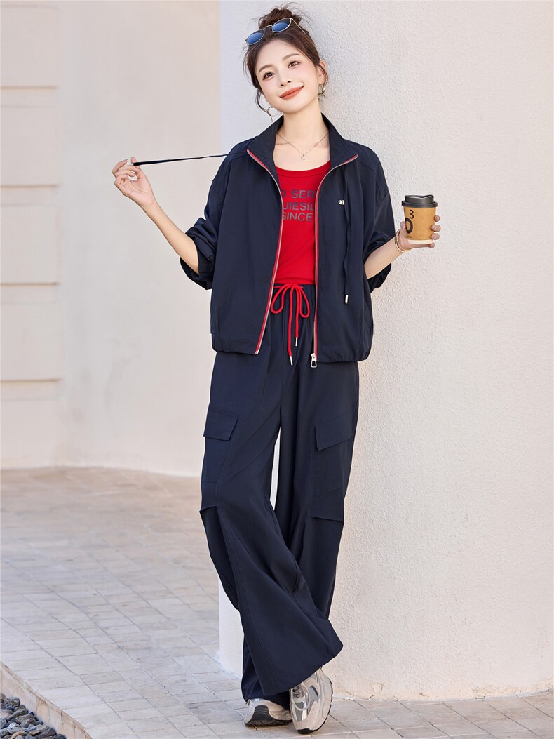 休闲撞色拼接工装套装女2025春秋新款干练时尚高级感阔腿裤三件套,女装套装/套裙,意芙