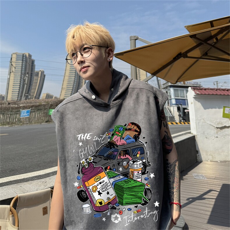 美式连帽背心男潮ins夏季青少年印花马甲宽松休闲砍袖坎肩无袖t恤,男装背心/马甲,电商B370