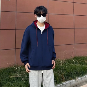 抖音得物二开美式高街重磅结构双层撞色连帽卫衣开衫外套W116图片