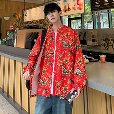 C88东北大花假两件长袖衬衫盘扣新中式汉服表演出团队男女大码潮，男装衬衫，星座115A(原星座507）