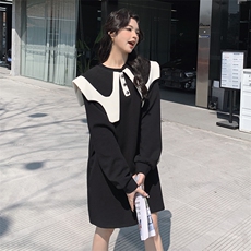 黑色娃娃领卫衣连衣裙春秋女2024新款小个子宽松减龄中长款卫衣裙，女装连衣裙，诺蝶