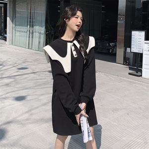 黑色娃娃领卫衣连衣裙春秋女2024新款小个子宽松减龄中长款卫衣裙图片