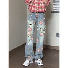 高级感满印玫瑰花卉破洞牛仔裤男夏季薄款直筒裤A8064-P47，男装牛仔裤，星座208-5