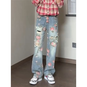高级感满印玫瑰花卉破洞牛仔裤男夏季薄款直筒裤A8064-P47图片