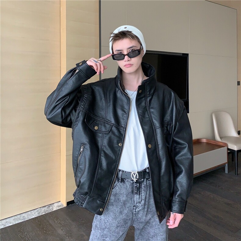 痞帅Pu皮衣小众设计感潮牌双拉链垫肩皮夹克男机车服秋冬高街外套,男装夹克,星座302B-2
