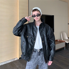 痞帅Pu皮衣小众设计感潮牌双拉链垫肩皮夹克男机车服秋冬高街外套，男装夹克，星座302B-2