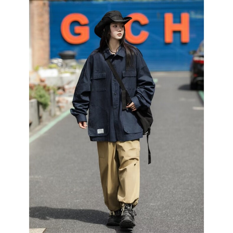 日系工装长袖衬衫男女春秋复古纯色外套潮流多口袋休闲衬衣CS627,男装衬衫,星座601-2