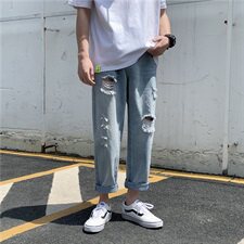 夏季薄款破洞牛仔裤男直筒宽松潮牌乞丐裤男女裤子浅色NB160，男装牛仔裤，星座1008