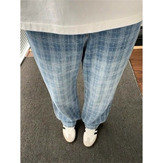 蓝格子半松紧腰微喇牛仔裤NNC433，男装牛仔裤，星座208-5
