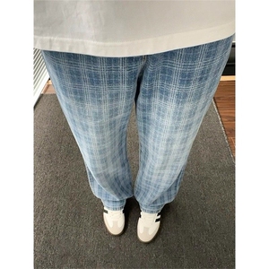 蓝格子半松紧腰微喇牛仔裤NNC433图片