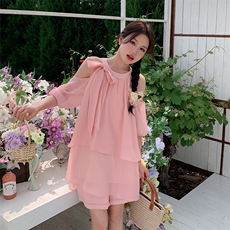 韩版温柔风露肩上衣套装女2025夏季新款薄款衬衣裙显瘦短裤两件套，女装套装/套裙，2C052