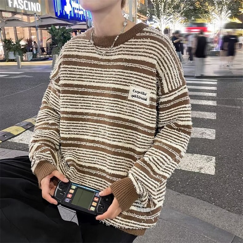 秋冬新款小众设计复古拼色条纹套头针织衫潮牌宽松慵懒风毛衣MY55,男装针织衫/毛衣,星座302B-2