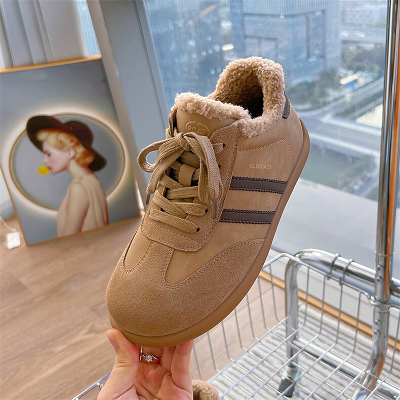 真皮德训鞋女2024冬季新款平底加绒小白鞋女休闲时尚女鞋图片