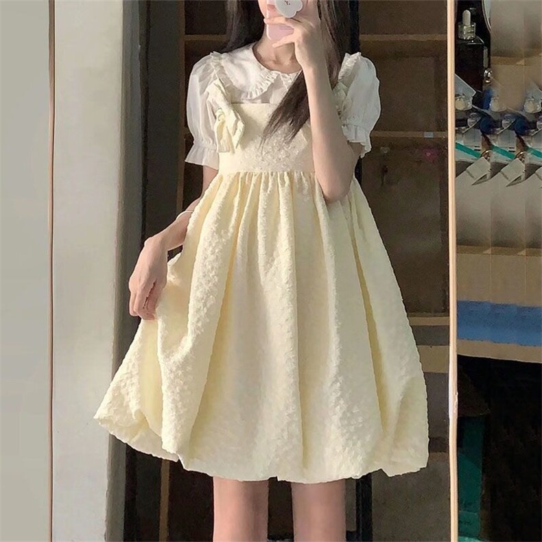 两件套装日系甜美可爱蝴蝶结奶杏色背带连衣裙女学生+娃娃领衬衫,女装套装/套裙,星座506A