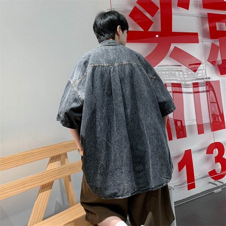 S356-P46夏季美式复古牛仔短袖衬衫,男装衬衫,星座1501-1