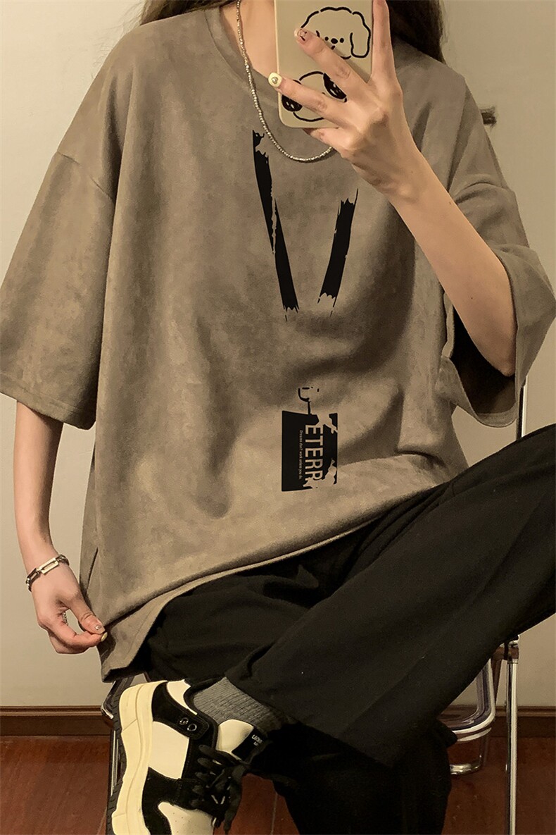 中性2026夏装麂皮绒半袖上衣男女情侣夏季大码宽松短袖T恤S315P28,男装T恤,电商A233-1