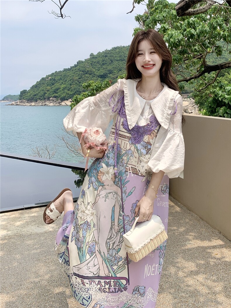印花套装女夏季2026新款法式娃娃领衬衫蕾丝刺绣领口吊带裙两,女装连衣裙,艾米莉亚
