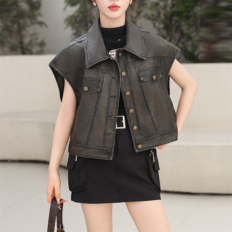 现货短款皮马甲女无袖上衣早秋2024新款韩版显瘦机车夹克马夹坎肩,女装马甲,潮流依族