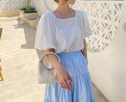 棉布刺绣泡袖上衣，女装，新袖