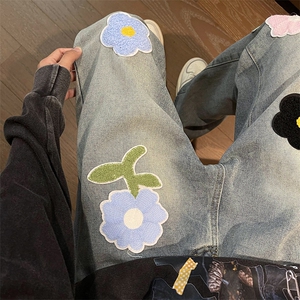 潮牌花朵刺绣牛仔裤男街头痞帅直筒裤子美式水洗复古休闲长裤子图片