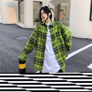 高街欧美潮牌嘻哈情侣宽松条纹绿色衬衣外套格子衬衫CY955-P46图片